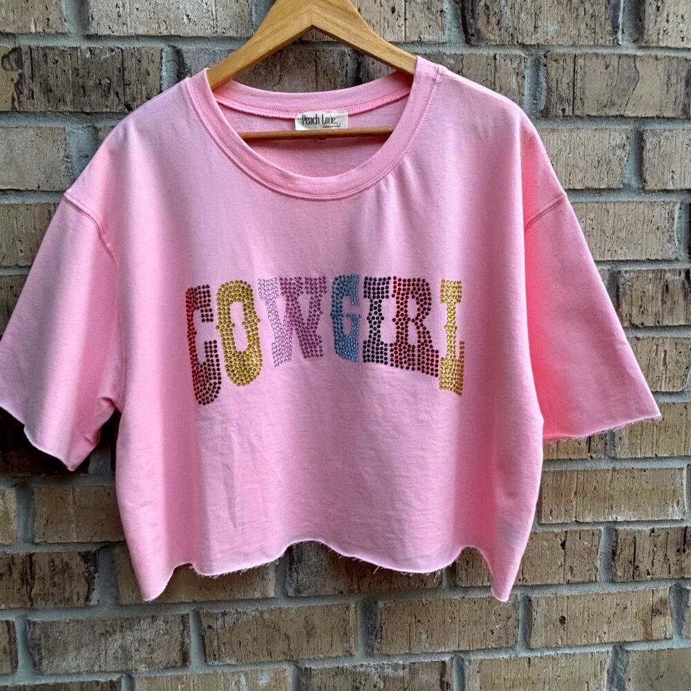Peach Love California Rhinestone Cowgirl Crop Top – Size M